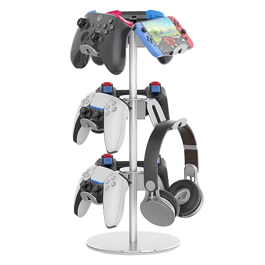 Controller Stand Compatible with Xbox PS5 PS4 Nintendo Switch Pro, 3 Tier Aluminum Gaming Headset Stand, Rotatable Headphone Controller Holder Organizer Rack, Universal & Large Capacity, Silver