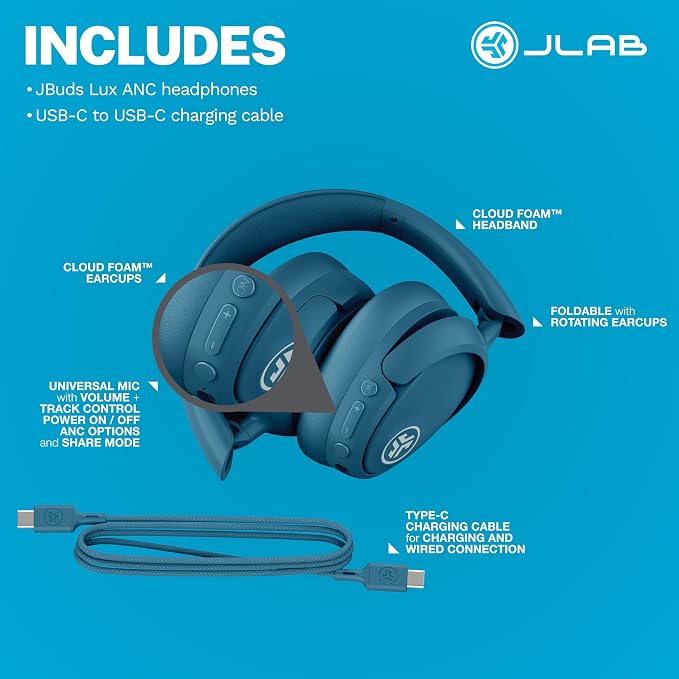 JLab JBuds Lux ANC, Over Ear Headphones, Active Noise Cancelling, Bluetooth, Limited Edition Navy