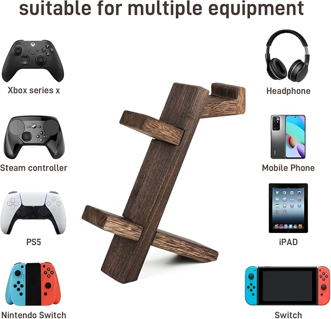 Wooden Game Controller Holder Headset Stand 2-Tier Universal Controller Gaming PC Accessories Storage Rack Headphone Stand for Xbox Series PS5 PS4