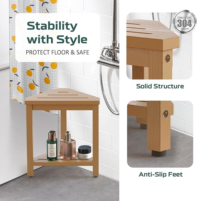 Shower Foot Rest 14in, HDPE Waterproof Shower Stool for Inside Shower, Corner Shower Stool for Shaving Legs with Storage Shelf, Shower Step Stool for Small Space, Plastic Corner Shower Bench, Teak