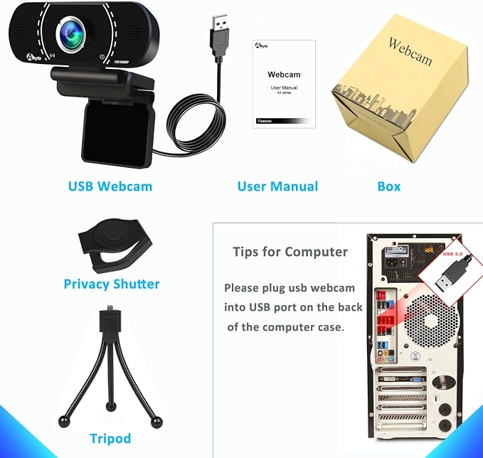 Akyta Webcam for PC, 1080P Webcam with Microphone/Tripod/Privacy Cover/Wide Angle 110°, Plug & Play USB Web Camera for Desktop Computer PC Laptop Mac Video Calling/Streaming/Zoom Conference 