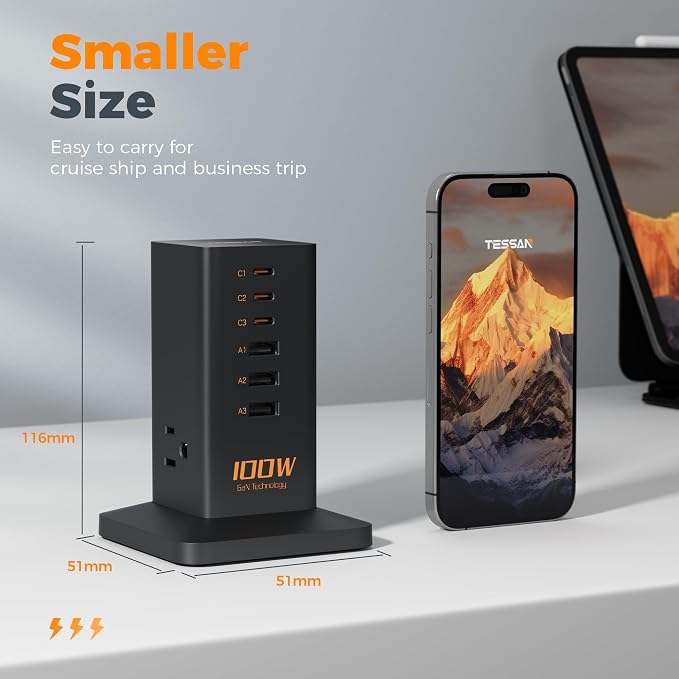 Charging Station for Multiple Devices 100W, TESSAN USB Fast GaN Station for iPhone 14/15, MacBook, Tablet, Type C Desktop Phone with 3 Outlets, Home Drom Office Accessories, Frosted Black, TS-CS03