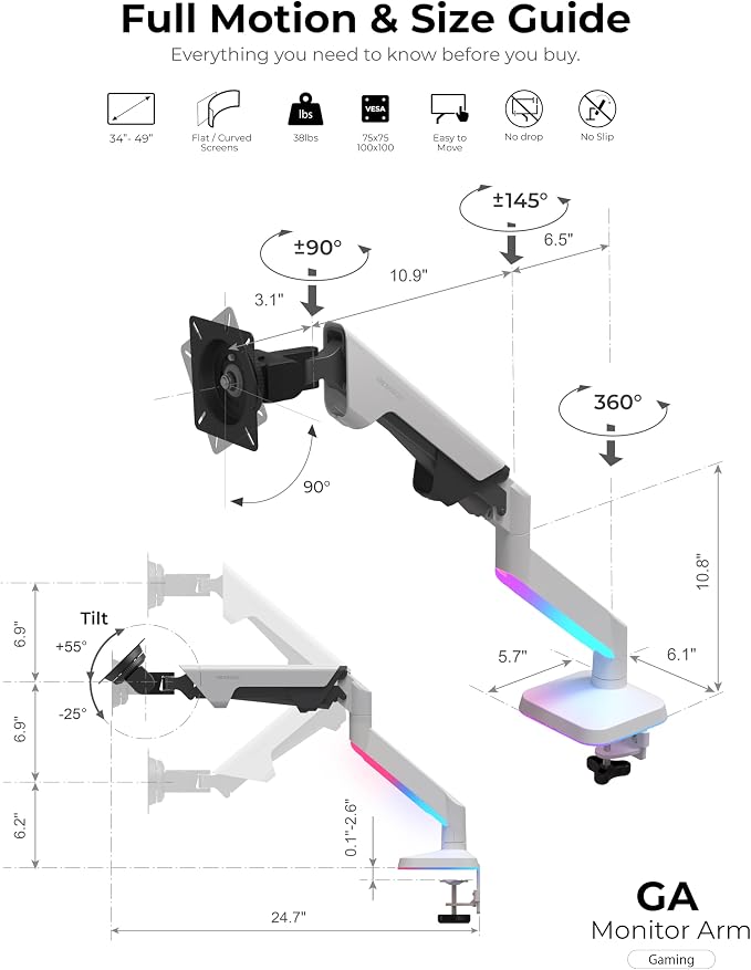 Modernsolid Heavy Duty Ultrawide Monitor Arm with RGB Lighting & USB Charging, Fits 34 to 49 inch Curved Screens, Supports 14 to 38 lbs, Adjustable Desk Mount, Compatible with Gaming Setup, White