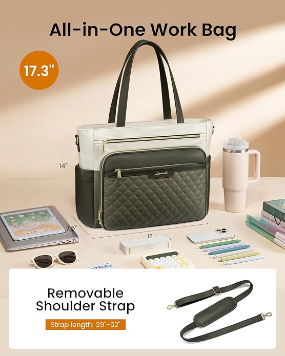 LOVEVOOK Teacher Tote Bag with Accordion File Pocket, Soft PU Leather Work Briefcase Quilted Laptop Bag with Large Cup Holder