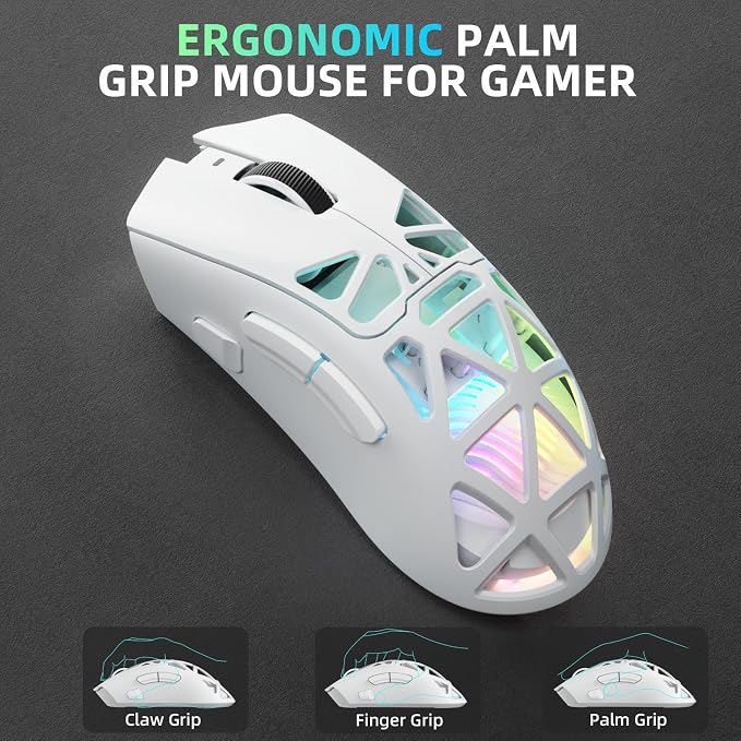 Aula SC620 Wireless Gaming Mouse, Tri-Mode 2.4GHz/USB-C/BT5.3 Computer Mouse with 12000 DPI, Programmable Macro Gamer Mouse with Rapid Fire Key, RGB Light White Gaming Mice for PC/Laptop/Mac