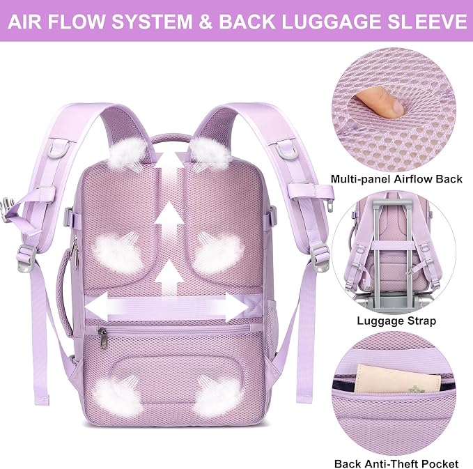EZUOLA Travel Backpack for Women, 25L Carry On Backpack Airline Approved,Personal Item Travel Bag,Bookbag for College Essentials,Lightweight Work Back pack for Weekend Business,Gifts Purple