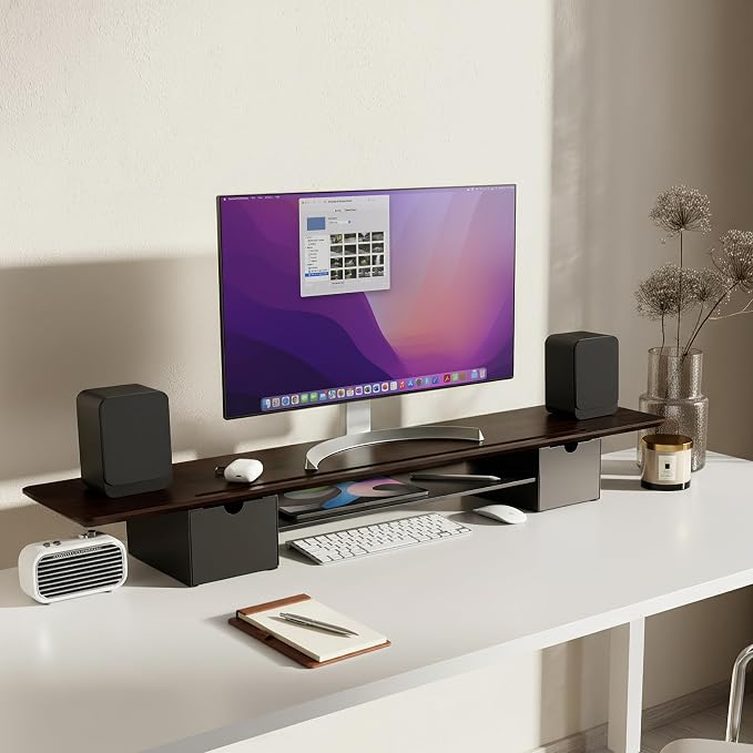 Mount-It! Extra Wide 39" Dual Monitor Stand Riser with 2 Drawers, Holds 66 lbs, Real Wood Platform, Built-In Device Slot, Removable Shelf, Home Office Desk Organizer
