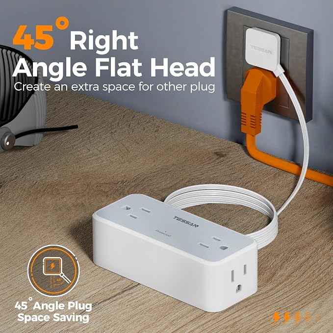 TESSAN Flat Plug Extension Cord 5 FT, Surge Protector Power Strip with 4 AC Outlets, 900 Joules Protection, Multiple Wall Outlet Extender Suitable for Office Dorm, Grey
