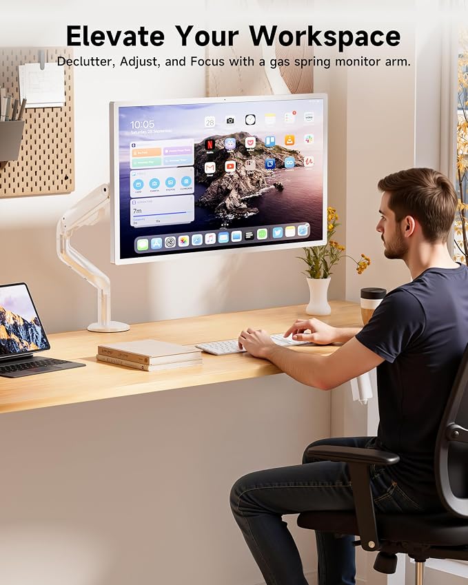 BIZUM Heavy Aluminum Monitor Stand 17 to 43 Inch Monitor Arm, Adjustable-Monitor Mount up to 33lbs with Clamp and Grommet Base, VESA 75x75/100x100mm White