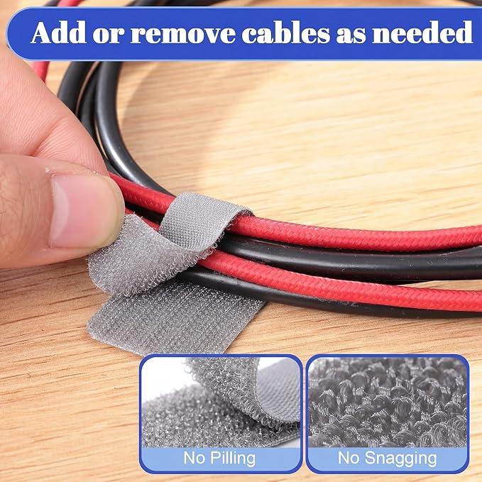 100 Pcs Hook and Loop Cable Ties, Self Adhesive Cable Management Under Desk Cable Straps, Adjustable Cord Organizer for Desk Home Office Organization (Grey)