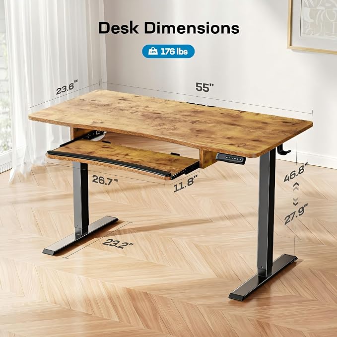 HUANUO Standing Desk Adjustable Height, 55" x 24" Electric Stand Up Desk for Home Office with Large Keyboard Tray(26.7"), 4 Memory Height Setting, Computer Workstation, Vintage