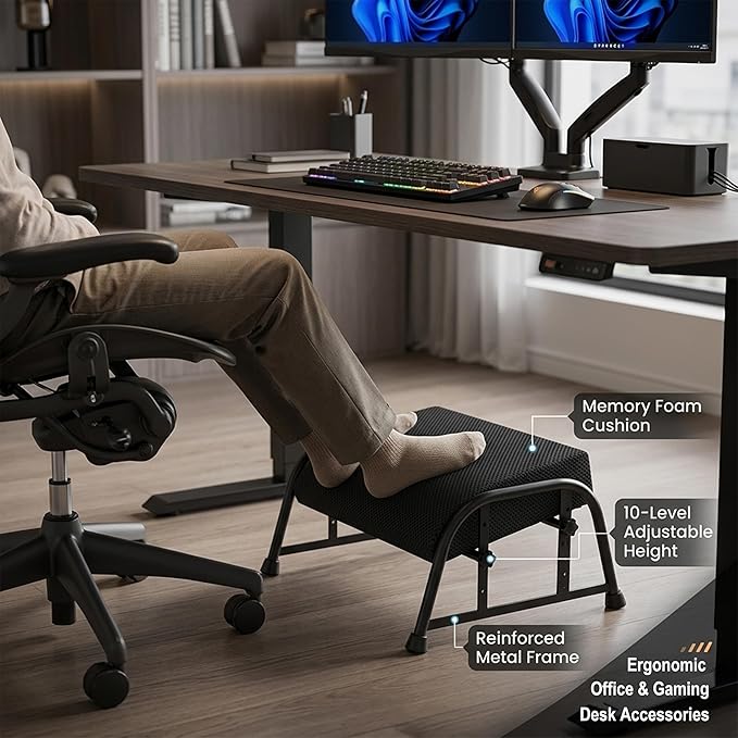 Under Desk Footrest with Memory Foam,Adjustable 10-Level Ergonomic Foot Rest for Office & Gaming Desk for Leg Rest,Reinforced Metal Frame,Non-Slip Base Extra Large(Black with Baseplate