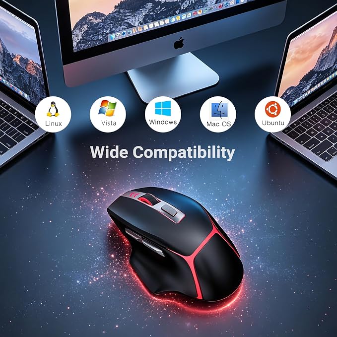 JOYACCESS Computer Mouse Wireless, Supports Bluetooth, 2.4G and Wired Connections, RGB Backlit Rechargeable Ergonomic Optical Mouse, Wireless Mouse for Laptop, Pc, Chromebook, Notebook - Black