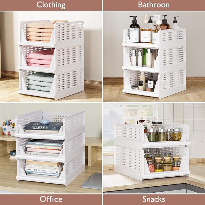 4 Pack Folding Closet Organizers Storage Box, Stackable Storage Bins, Plastic Drawer Basket Closet Storage for Wardrobe Cupboard Kitchen Bathroom Office White-4L