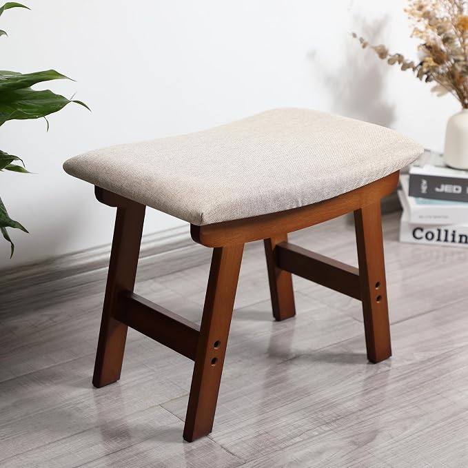 BAMBOO LAND- Bamboo Foot Stools Ottoman, Beige Cushion & Brown Wood Legs, Small Ottoman Foot Rest for Couch