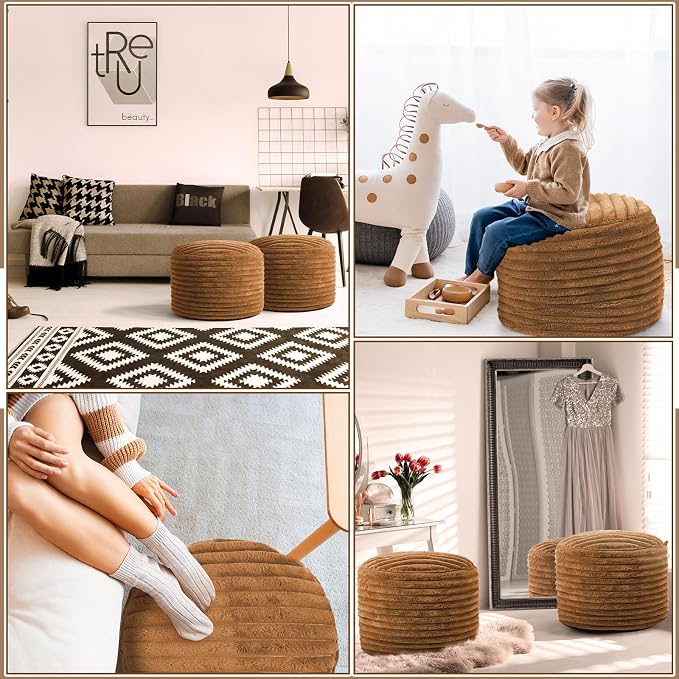Teenyyou 2 Pcs 26 x 18 Inch Unstuffed Pouf Cover Ottoman Foot Rest - No Filler, Faux Rabbit Fur Foot Stool Floor Bean Bag Floor Chair Storage for Living Room Bedroom Home Decor(Brown)