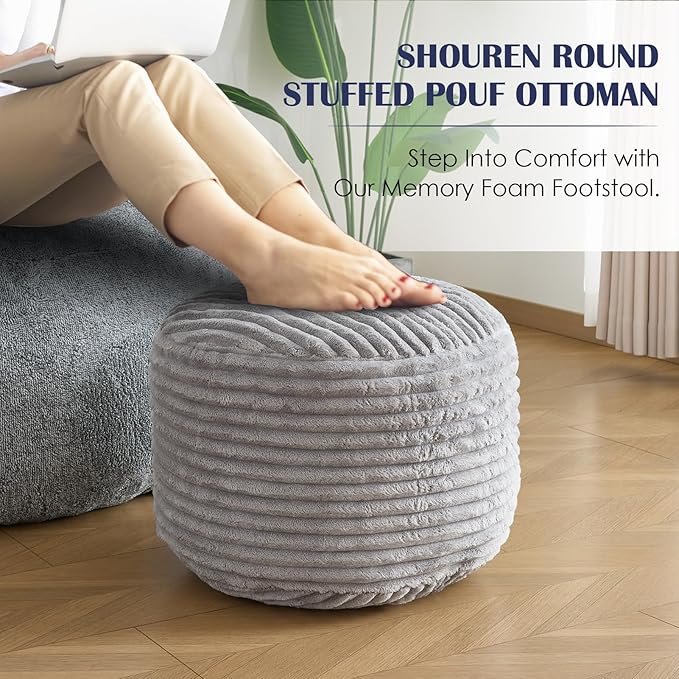 SHOUREN Stuffed Round Ottoman,Corduroy Pouf Ottoman Foot Rest with Foam Filling,Pouf Storage Ottoman Footstool for Living Room,20 X 15 Floor Poufs for Couch - 20 X 15 Inches,Light Grey