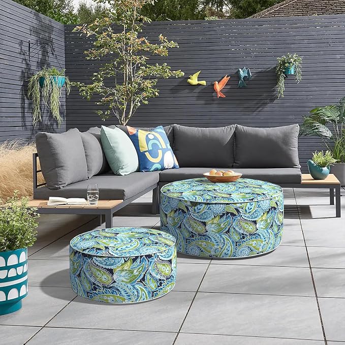 DYTXIII Inflatable Ottoman Stool D31 xH14 for Outdoor/Indoor Use, Water Repellent Patio Foot Rest with Portable Handle,Round Pouf Ottoman Suitable for Garden,Deck and Camping - Paisley Lapis Green