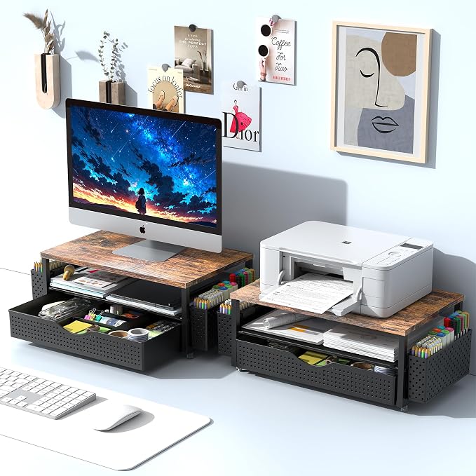 Spacrea Desk Organizer and Accessories, Computer Monitor Stand Riser with Drawer and 2 Pen Holders, Office Desk Accessories & Workspace Organizers for Office Supplies (Wood)
