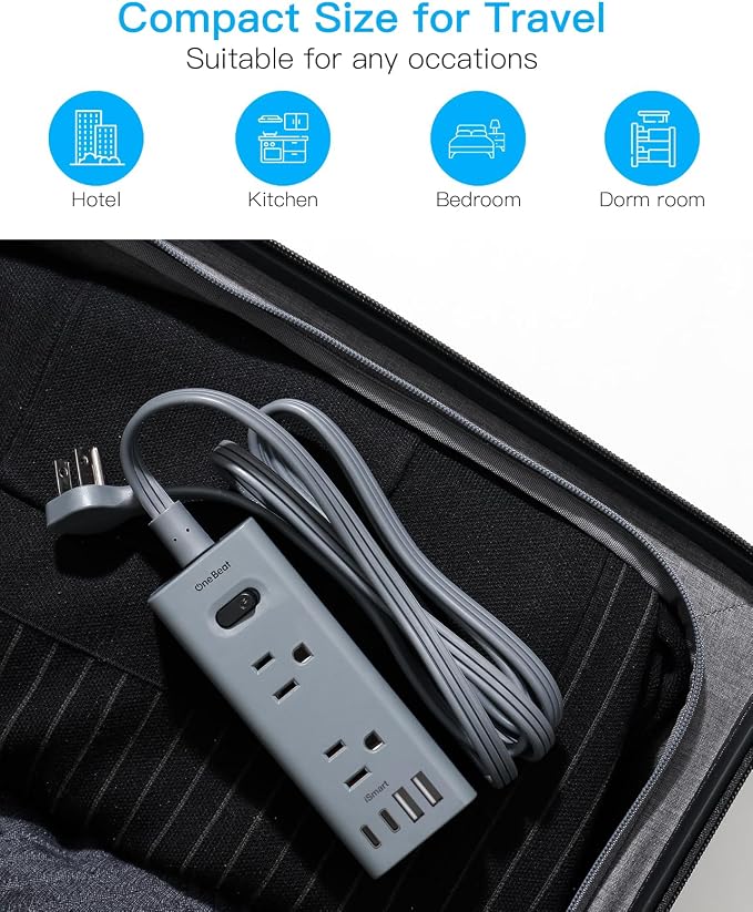 3Ft Extension Cord with Multiple Outlets, Flat Plug Power Strip Surge Protector with 3 Ft Cord, 6 Outlet 4 USB Ports (2 USB C), Multi Outlet Wall Plug for Travel, College, Dorm Room Essentials(Grey)