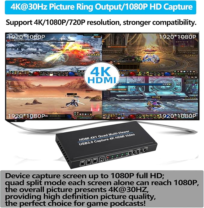 4K HDMI 4X1 Multiviewer with PIP USB3.0 Video Capture SIGRAPID Screen Divider 4 HDMI in 1HDMI and 1USB3.0 Video Capture Out Seamless Switch Display Supports IR/MC/Audio 4K@30Hz(YUV) 10 View Modes etc.
