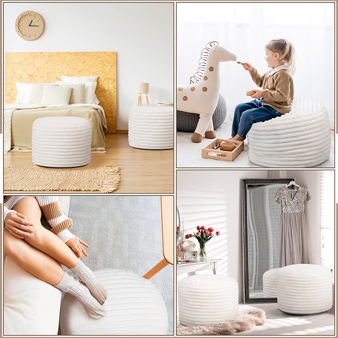 Teenyyou 2 Pcs 26 x 18 Inch Unstuffed Pouf Cover Ottoman Foot Rest - No Filler, Faux Rabbit Fur Foot Stool Floor Bean Bag Floor Chair Storage for Living Room Bedroom Home Decor(Beige)