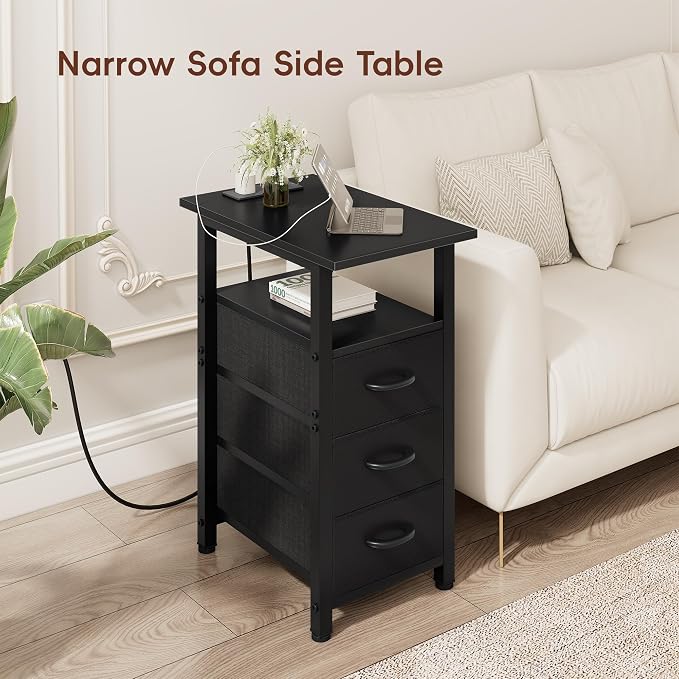 Vagusicc Black End Table with Charging Station, Narrow Side Table, 25.2'' Tall Narrow Nightstand with 3 Fabric Drawers, Slim Sofa Side Table for Small Spaces, Small Night Stand for Bedroom, Black