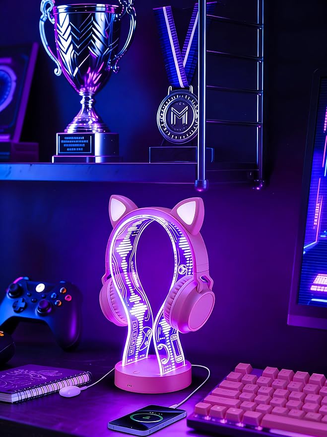CoolGift Mart Light Up Headphone Stand with 16 Color Lights, Game Pattern Acrylic Headset Stand with 1 USB and 1 Type-C Charging Ports, Gifts for Girls Women Gamers and Music Lovers
