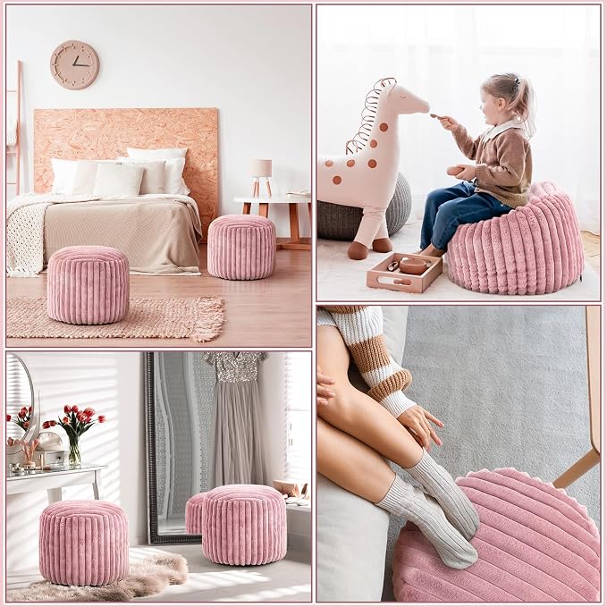 Teenyyou 2 Pcs 20 x 15 Inch Unstuffed Pouf Cover Ottoman Foot Rest - No Filler, Faux Rabbit Fur Foot Stool Floor Bean Bag Floor Chair Storage for Living Room Bedroom Home Decor(Pink)