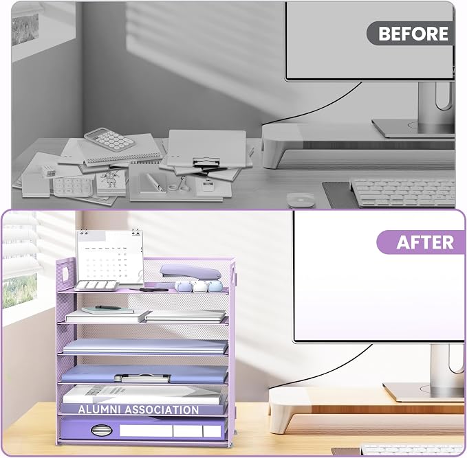 Daltack 6 Tier Paper Organizer for Desk, Paper Letter Tray Organizer for Desks, Mesh Desk File Organizers with Handle for Office, Home, School, Purple