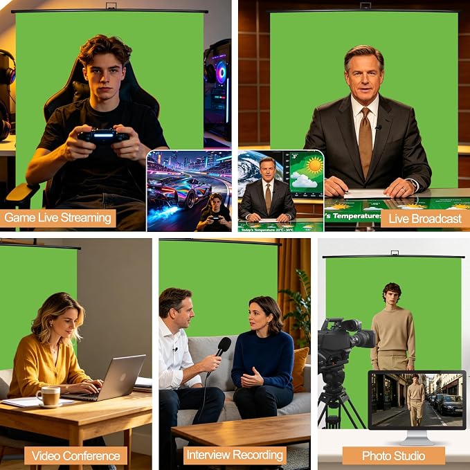 FUDESY 61 x 77.5in Collapsible Green Screen, Portable Retractable Chroma Key Backdrop, Wrinkle-Resistant Fabric Pop Up Photo Background with Stand for Streaming, Video Conference, Photographic Studio