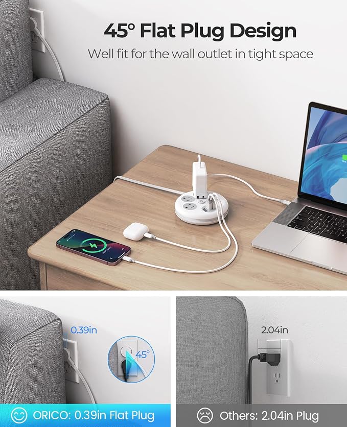 ORICO Travel Power Strip with USB Ports, 4 ft Flat Extension Cord 3 Outlets 3 USB Ports, Portable Flat Plug Power Strip Outlet Extender for Travel, Cruise Approved - White