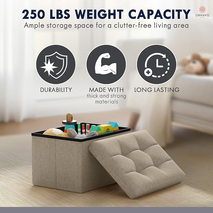 Ornavo Home Small Storage Ottoman Foldable Collapsible Rectangle Linen Ottoman Foot Rest Stool Seat, for Living Room, Bedroom, Home Office, Dorm - 12 x 16 x 12, Taupe