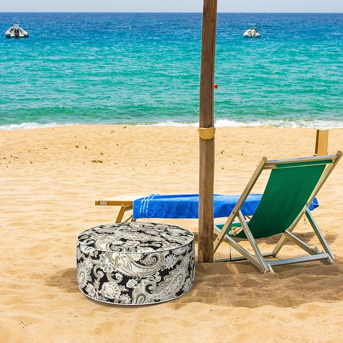 DYTXIII Inflatable Ottoman Stool D21 xH9 for Outdoor/Indoor Use, Water Repellent Patio Foot Rest Stool with Portable Handle,Round Pouf Ottoman Suitable for Garden,Deck and Camping - Paisley Black