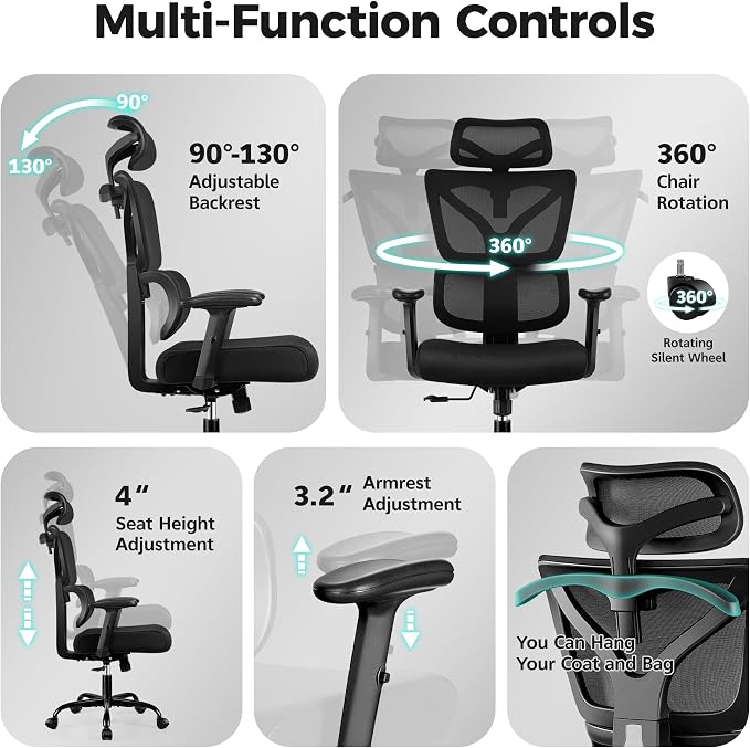 Ergonomic Office Chair High Back Desk Chair with Lumbar Support, Breathable Mesh Computer Chair with Adjustable Armrests Height, Reclining Big and Tall Gaming Chair for Home Office(Black 4Pack)