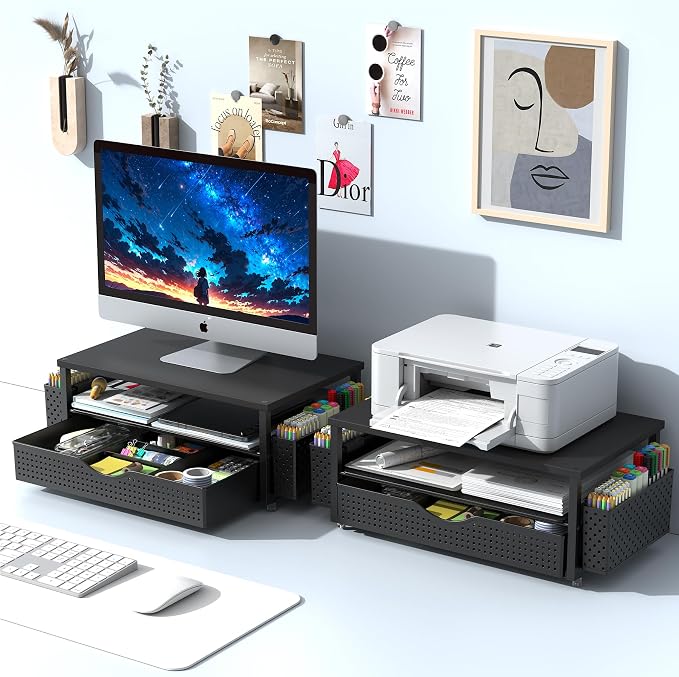 Spacrea Desk Organizer and Accessories, Computer Monitor Stand Riser with Drawer and 2 Pen Holders, Office Desk Accessories & Workspace Organizers for Office Supplies (Black)