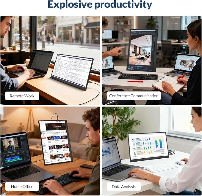 Portable Monitor, 16” 1200P FHD 16:10, 1500:1 Contrast, USB-C HDMI Laptop Screen Extender with Rotating Stand, Horizontal/Vertical Monitor, Travel Monitor for Laptop/PC/Mac/Windows/PS5,Vesa Mountable