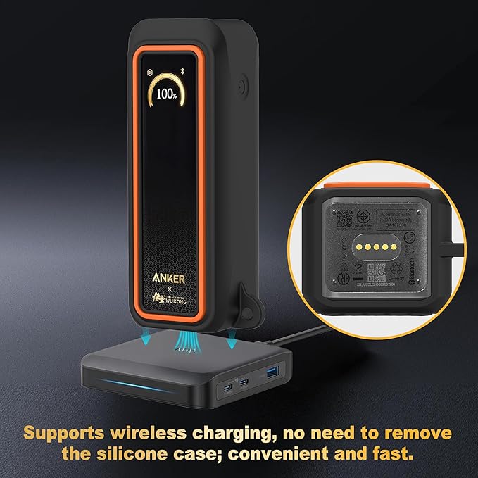 Silicone Case for Anker Prime Power Bank 20100mAh 220W Travel Protective Cover, Full-Body Shockproof | Compact | Tactile Grip | Impact Protect for Anker Power Bank 220W with Keychain (Black Orange)