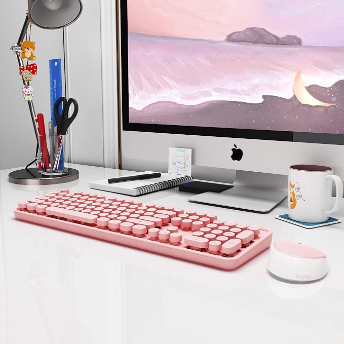 Kootop Wireless Keyboard and Mouse Combo, Cute Colorful 104 Keys Typewriter Retro Round Keycaps Keyboard for PC Laptop,Desktop,Windows, Home and Office Keyboards(Pink White)