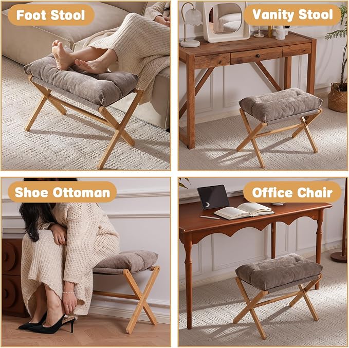 Baveke Folding Foot Stool, Small Accent Ottoman with Thick Cotton Cushion & Bamboo X Legs, Modern Padded Sofa Stool for Makeup Bedroom Living Room (Brown)