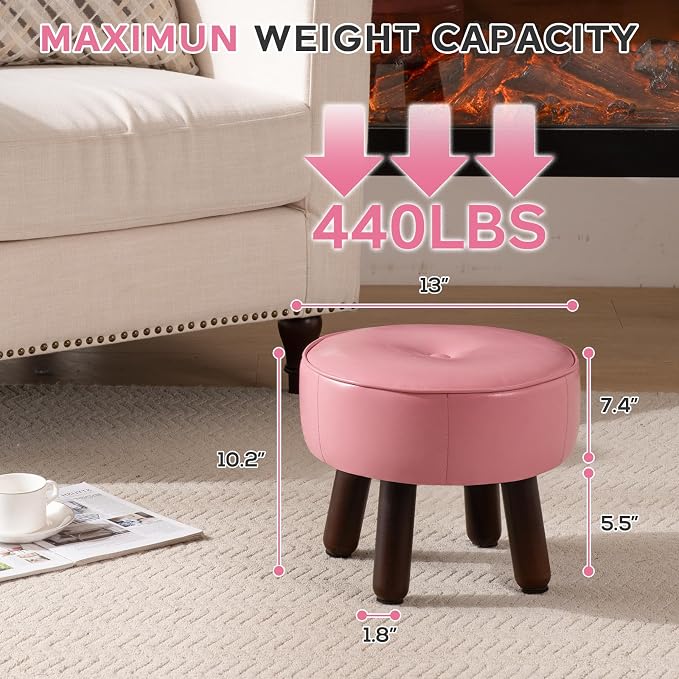 oakvivo Small Foot Stool Round Pouf Ottoman, 13'' Leather Foot Rest with Non-Skid Rubber Legs, Foolstool Ottomans for Couch, Sofa Footrest Step Stool for Living Room Bedroom Entryway Office, Pink