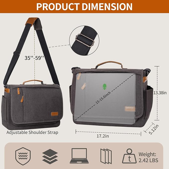 ESTARER Computer Messenger bag Water-resistant Canvas Shoulder Bag 15.6 Inch Laptop for Travel Work, Grey