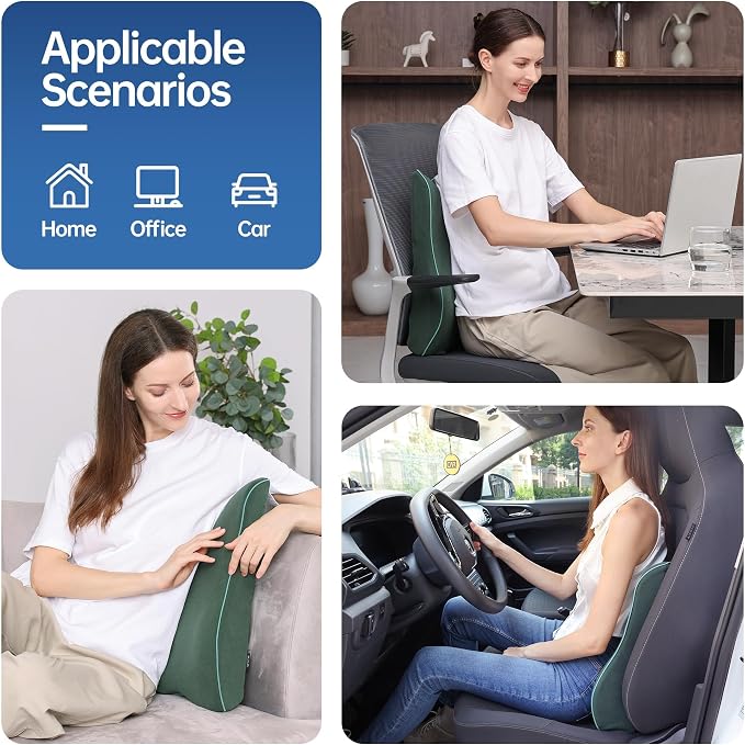 Lumbar Support Pillow for Office Chair Car Seat Gaming Chair, Memory Foam Back Support Pillow, Lumbar Cushion Back Cushion for Lower Back Pain Relief, Adjustable Strap Washable Cover-Dark Green