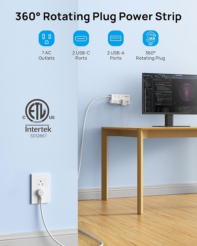 TROND Surge Protector Power Strip with 360° Rotating Plug, 7 Widely-Spaced Outlets, 2 USB-A and 2 USB-C, ETL Listed, Flat Plug 5ft Extension Cord, Wall Mountable, 1700J, for Home Office Garage, White