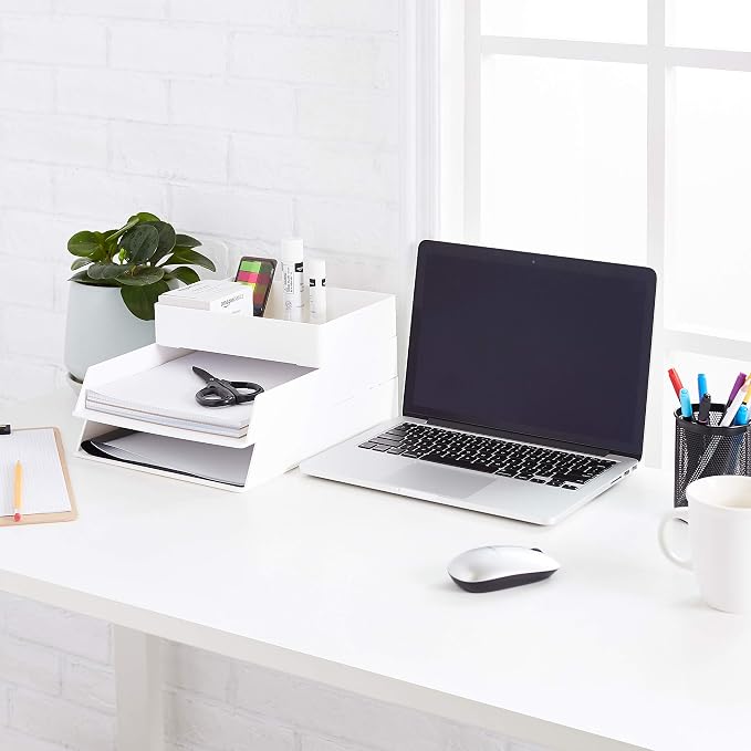 Amazon Basics Rectangular Plastic Desk Organizer with Storage Trays, Accessory Tray, Drawer Organizer, 9.4 x 6.7 x 2 inch, White