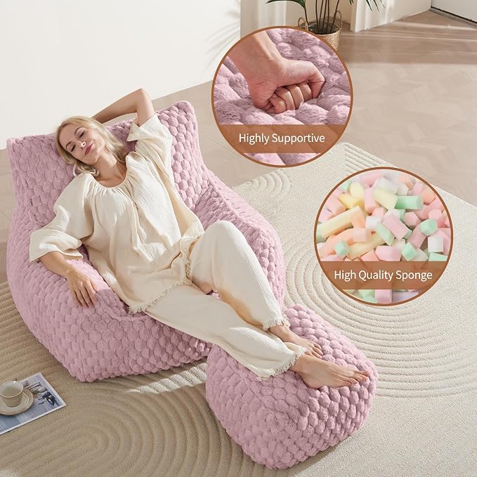 Bean Bag Chair with Ottoman - Modern Comfy Beanbag Sofa with Footrest, Soft Faux Fur Lounger Chair for Adults Teens, Cozy Memory Foam Filled Gaming Reading Chairs for Bedroom, Living Room (Dusty Pink)