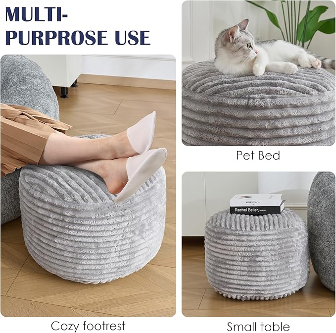 Round Ottoman,Corduroy Pouf Ottoman Foot Rest,Storage Footstool for Living Room,18x14 Soft Floor Poufs,Memory Foam Filling - Light Grey, 18x14 in