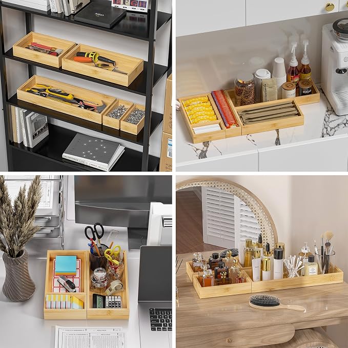 Lixple Bamboo Drawer Organizer for Kitchen & Bath, Extra Large Stackable Tray for Silverware, Toiletries & Utensils, 2 Pcs, 17" x 6" x 2" (Outer), 16.3" x 5.3" x 1.77" (Inner)