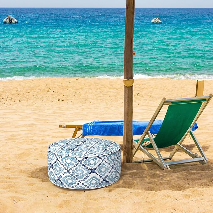 DYTXIII Inflatable Ottoman Stool D21 xH9 for Outdoor/Indoor Use, Water Repellent Patio Foot Rest with Portable Handle,Round Pouf Ottoman Suitable for Garden,Deck and Camping - Geometry Blue