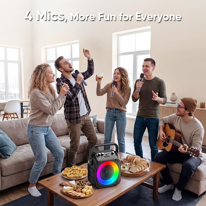 Karaoke Machine, Portable Bluetooth Speaker with 4 Wireless Microphones for Adults & Kids with Lights, Karaoke Microphone with PA System Supports USB/TF/FM/AUX for Home Party Home System Packages